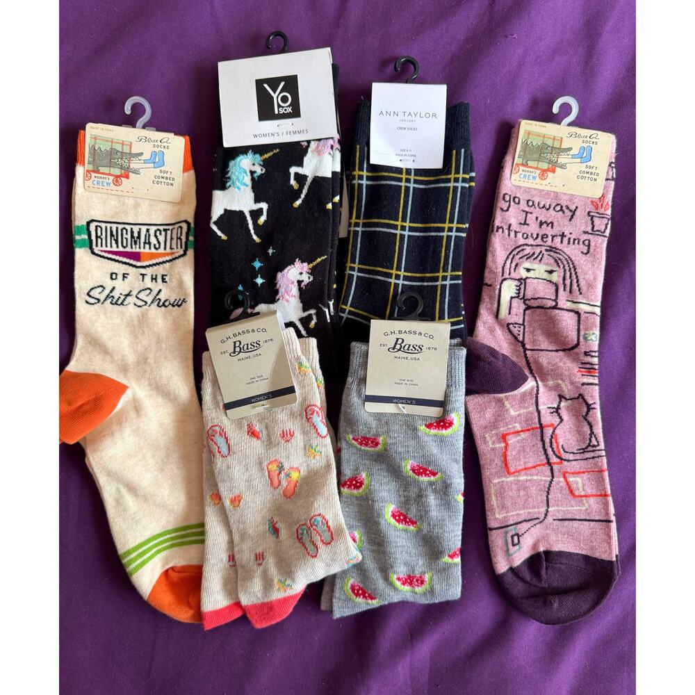 Bundle of 6 pairs crew socks -  women's size 5-10 - funny trendy